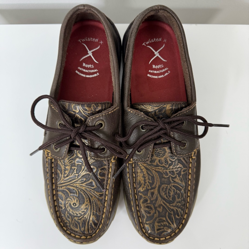 Twisted X Brown Leather Tooled Boat Shoe Driving Mocs Women’s Size 7.5 Western